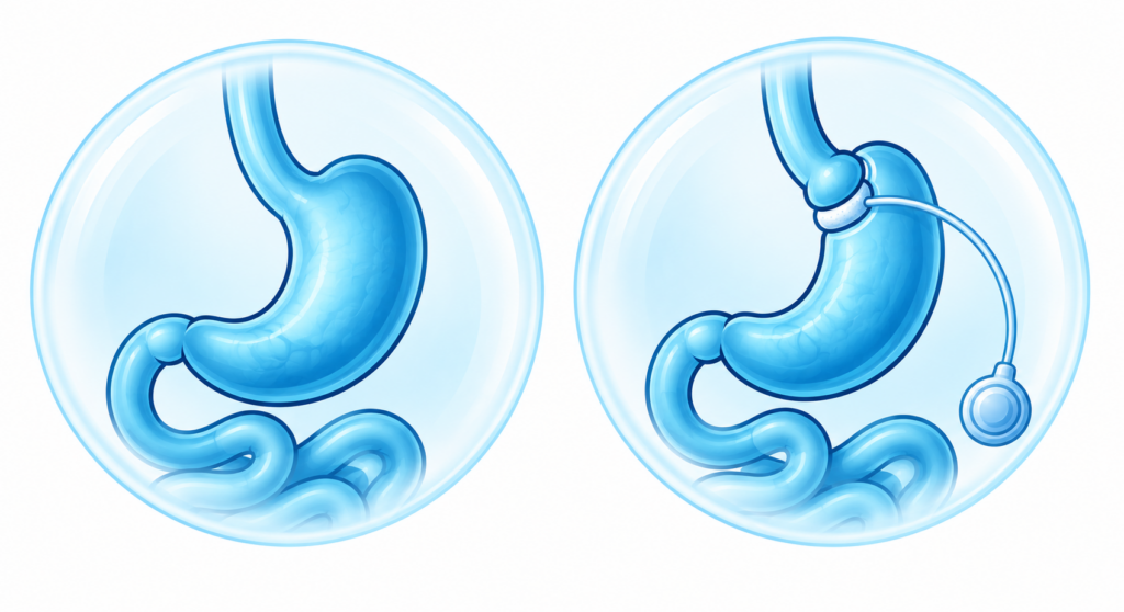 Anneau gastrique Comparaison de l’anatomie digestive normale et après la pose d’un anneau gastrique ajustable