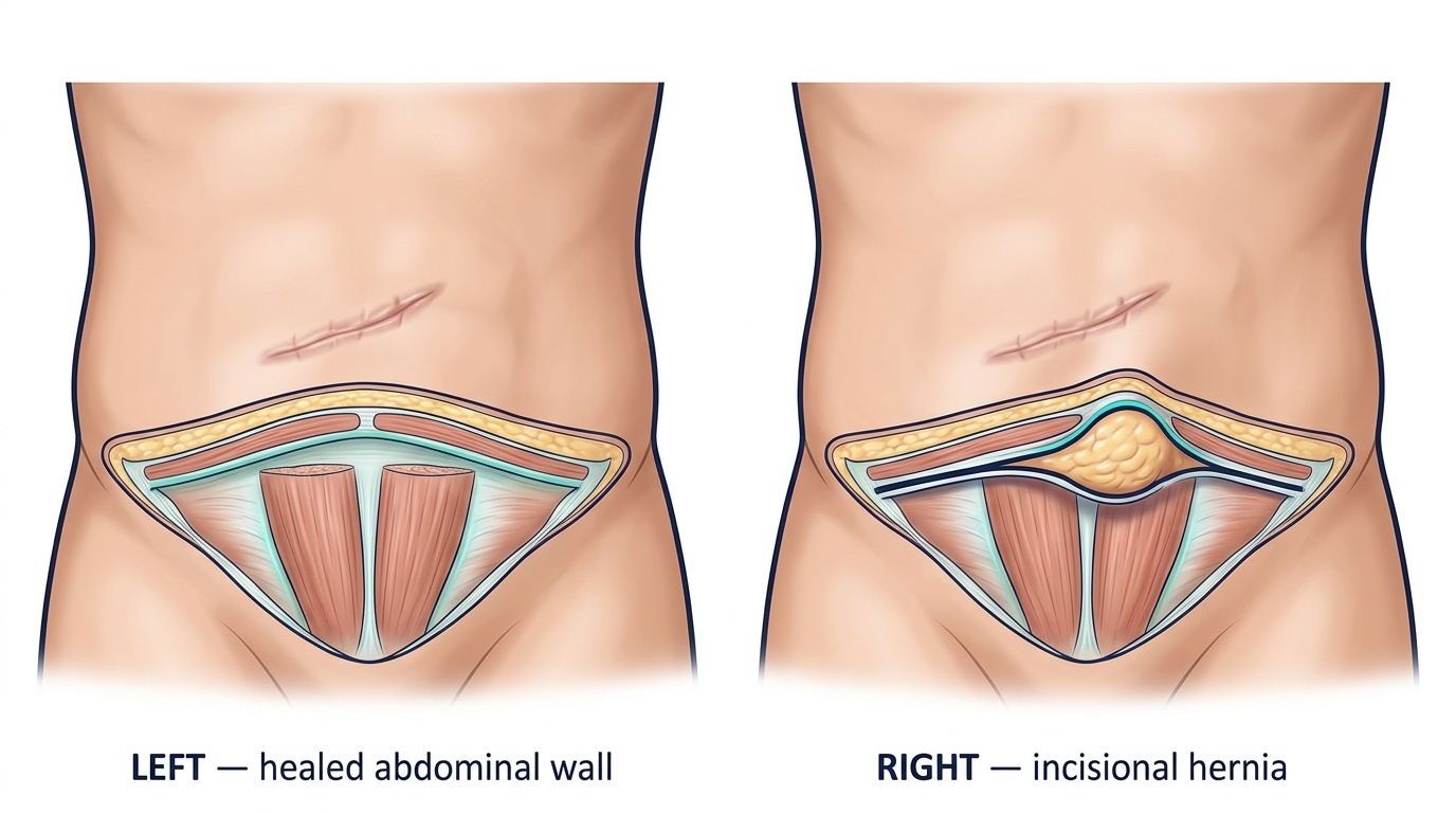 Comparaison entre une paroi abdominale cicatrisée et une éventration au niveau d’une ancienne cicatrice