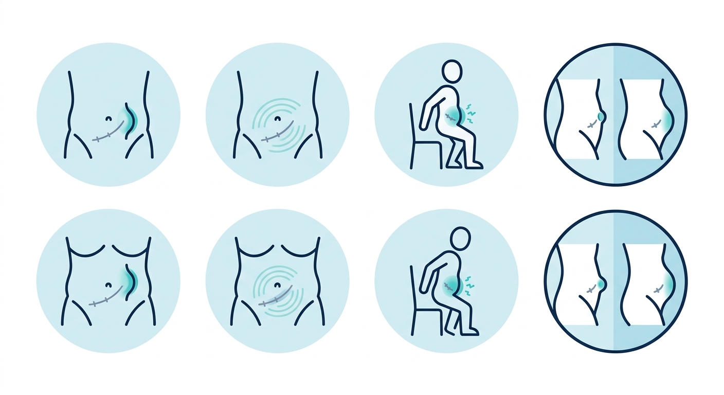 Illustration des principaux symptômes d’une éventration : voussure sur une cicatrice, gêne, douleur à l’effort et augmentation progressive