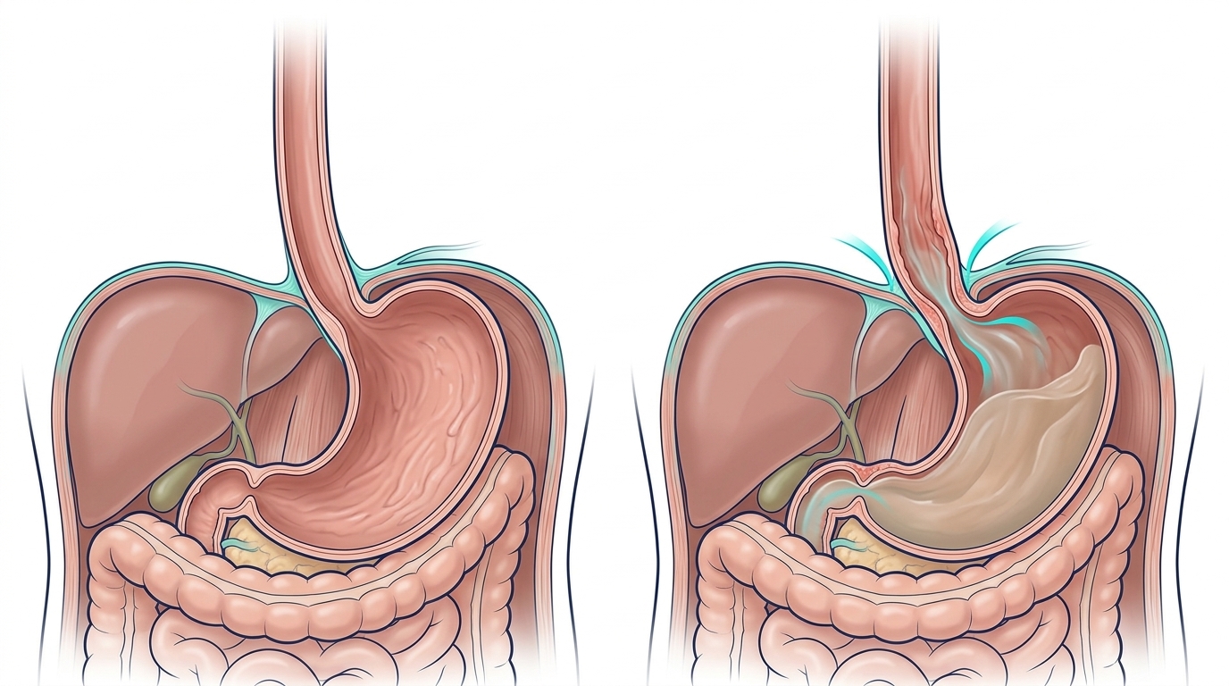 Reflux gastro-œsophagien Comparaison entre une jonction œsogastrique normale et un reflux du contenu gastrique dans l