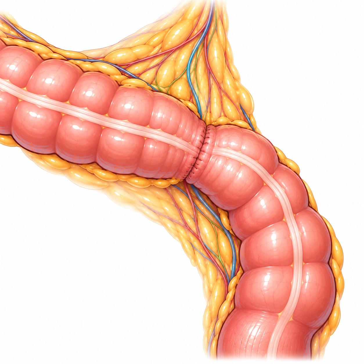 Colectomie Illustration du rétablissement de la continuité digestive par une anastomose après colectomie