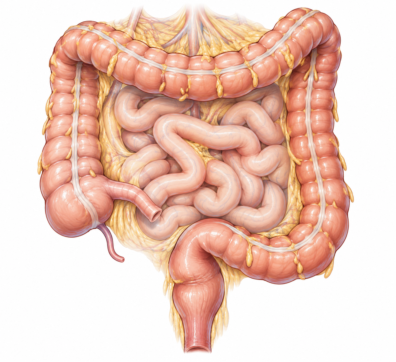 Colectomie Illustration anatomique du côlon montrant ses différentes parties de la région cæcale au rectum