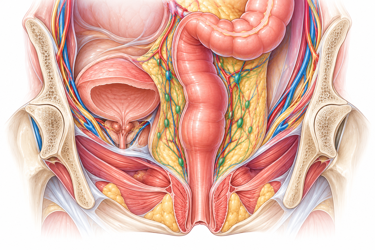 Cancer du rectum Illustration anatomique du rectum, du mésorectum et des structures du pelvis