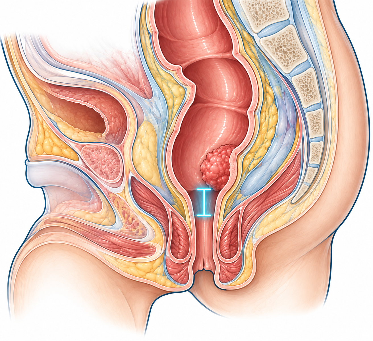 Cancer du rectum Illustration anatomique des rapports entre une tumeur basse du rectum et le sphincter anal