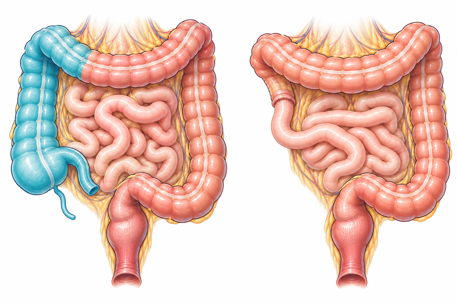 Colectomie Illustration anatomique avant et après une colectomie droite avec rétablissement de la continuité digestive par anastomose iléo-colique