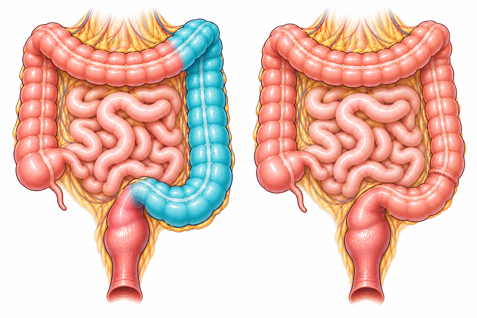 Colectomie Illustration anatomique avant et après une colectomie gauche avec rétablissement de la continuité digestive