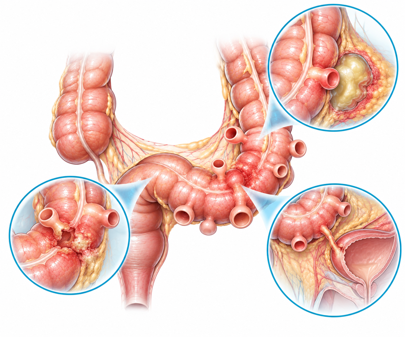 Illustration of possible complications of diverticulitis such as an abscess, a perforation or a fistula