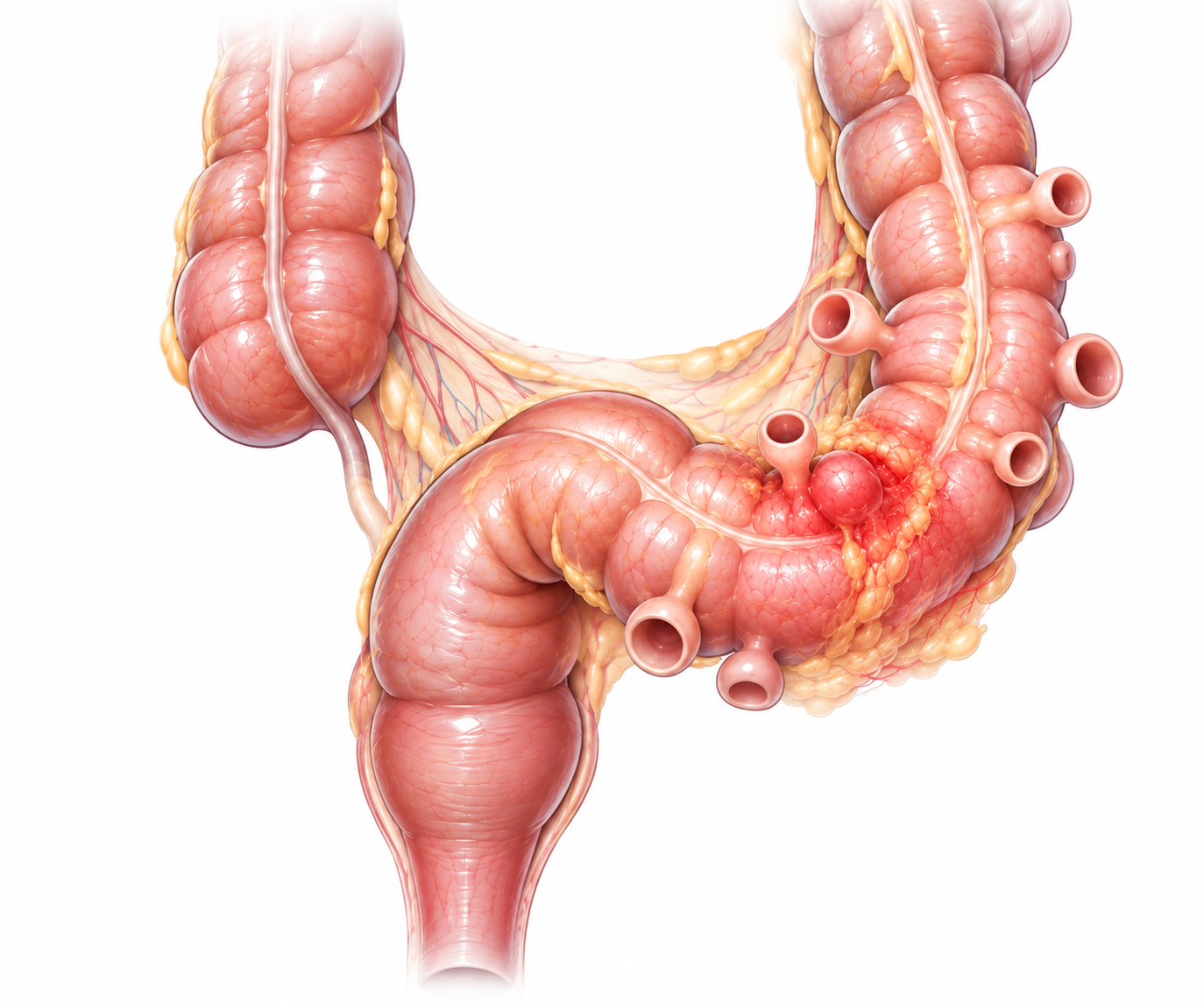 Illustration of a sigmoid colon diverticulum showing localized inflammation