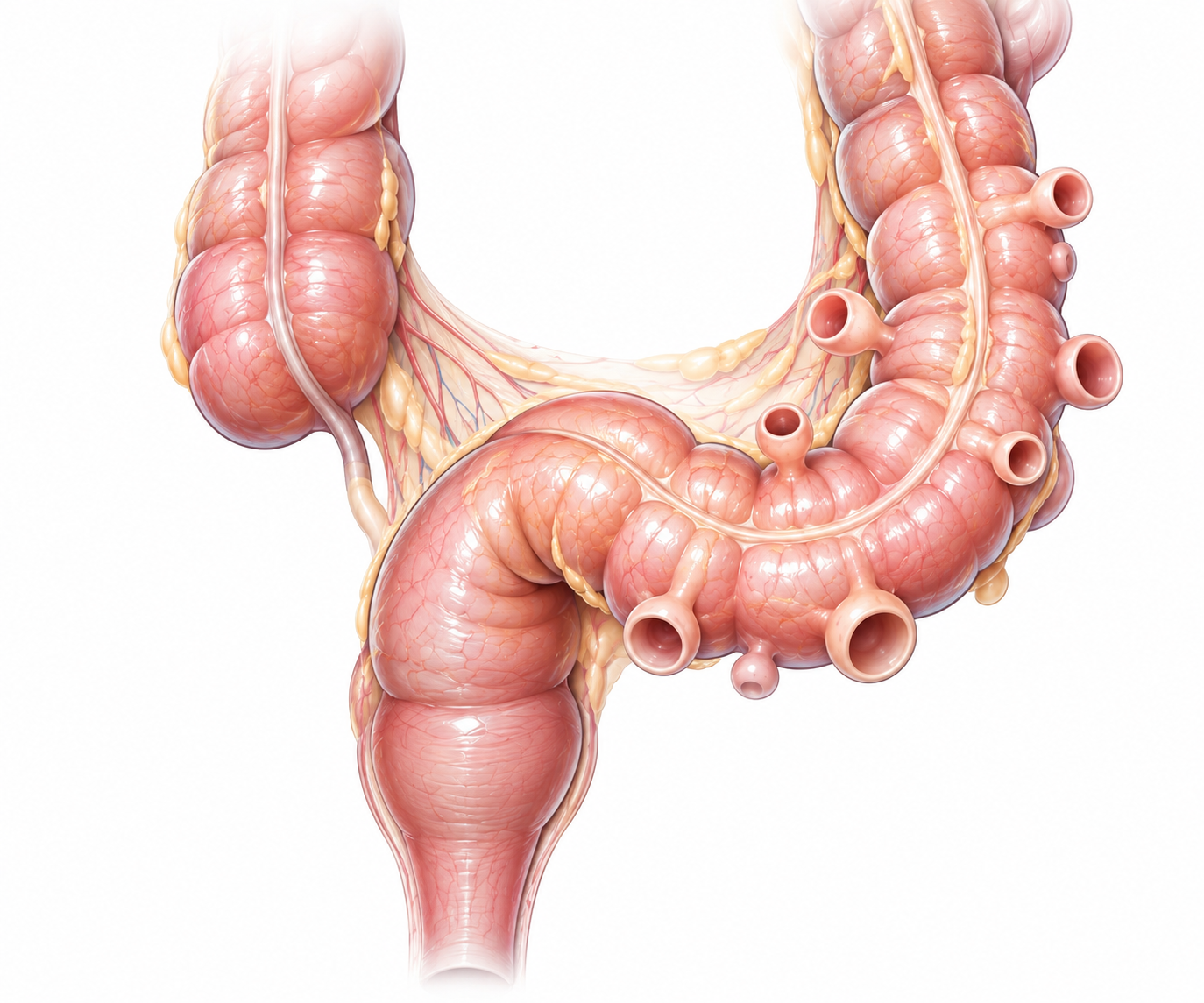 Illustration of diverticula located on the wall of the sigmoid colon