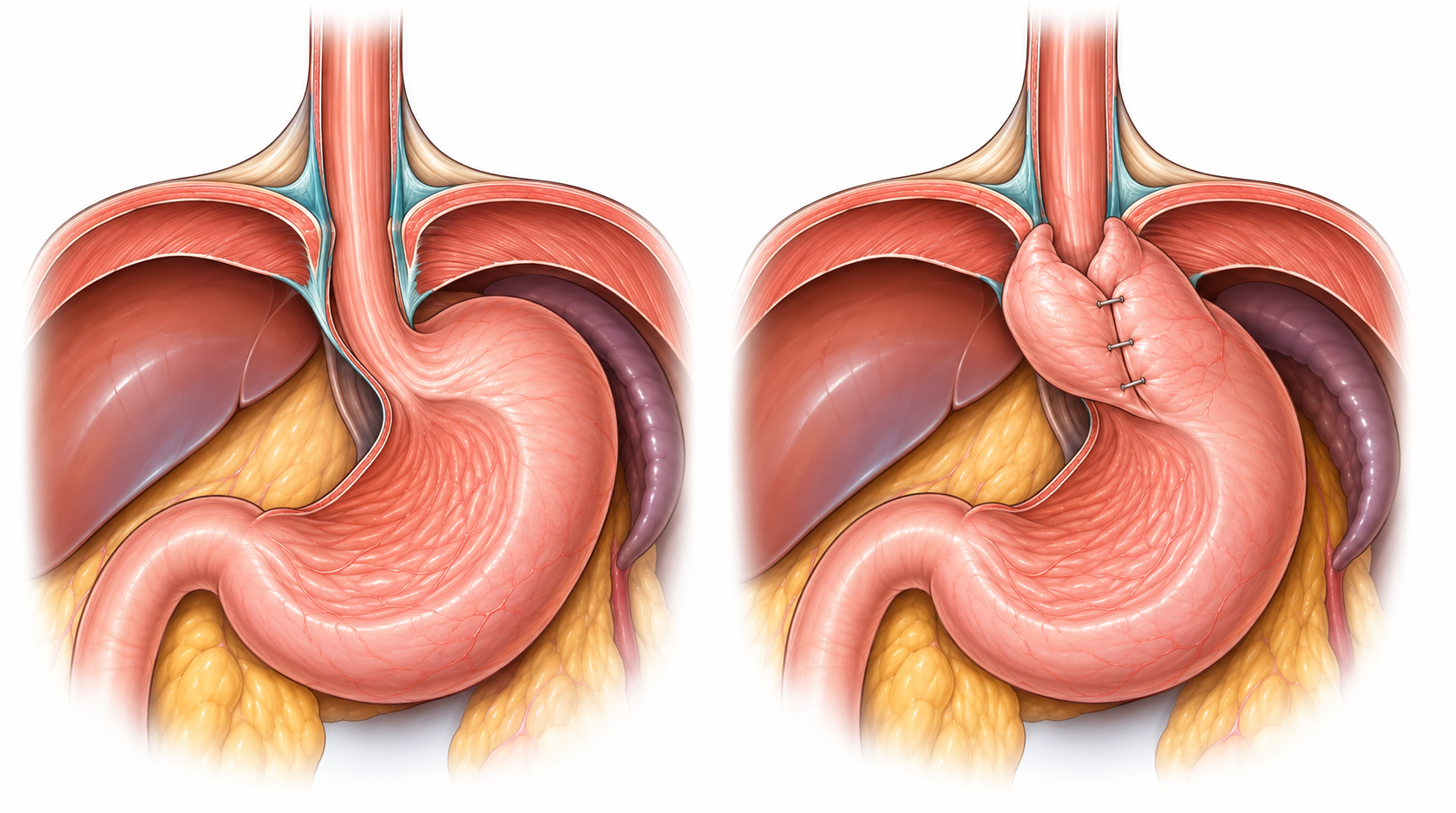 Illustration d’une réparation de hernie hiatale avec fundoplicature autour de la partie inférieure de l’œsophage