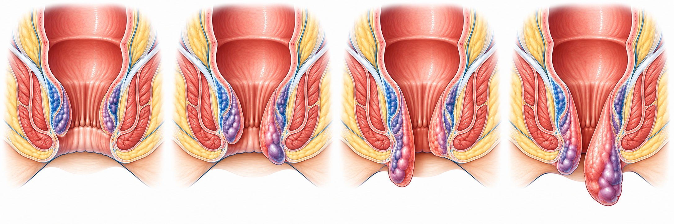 Illustration de la progression du prolapsus des hémorroïdes internes