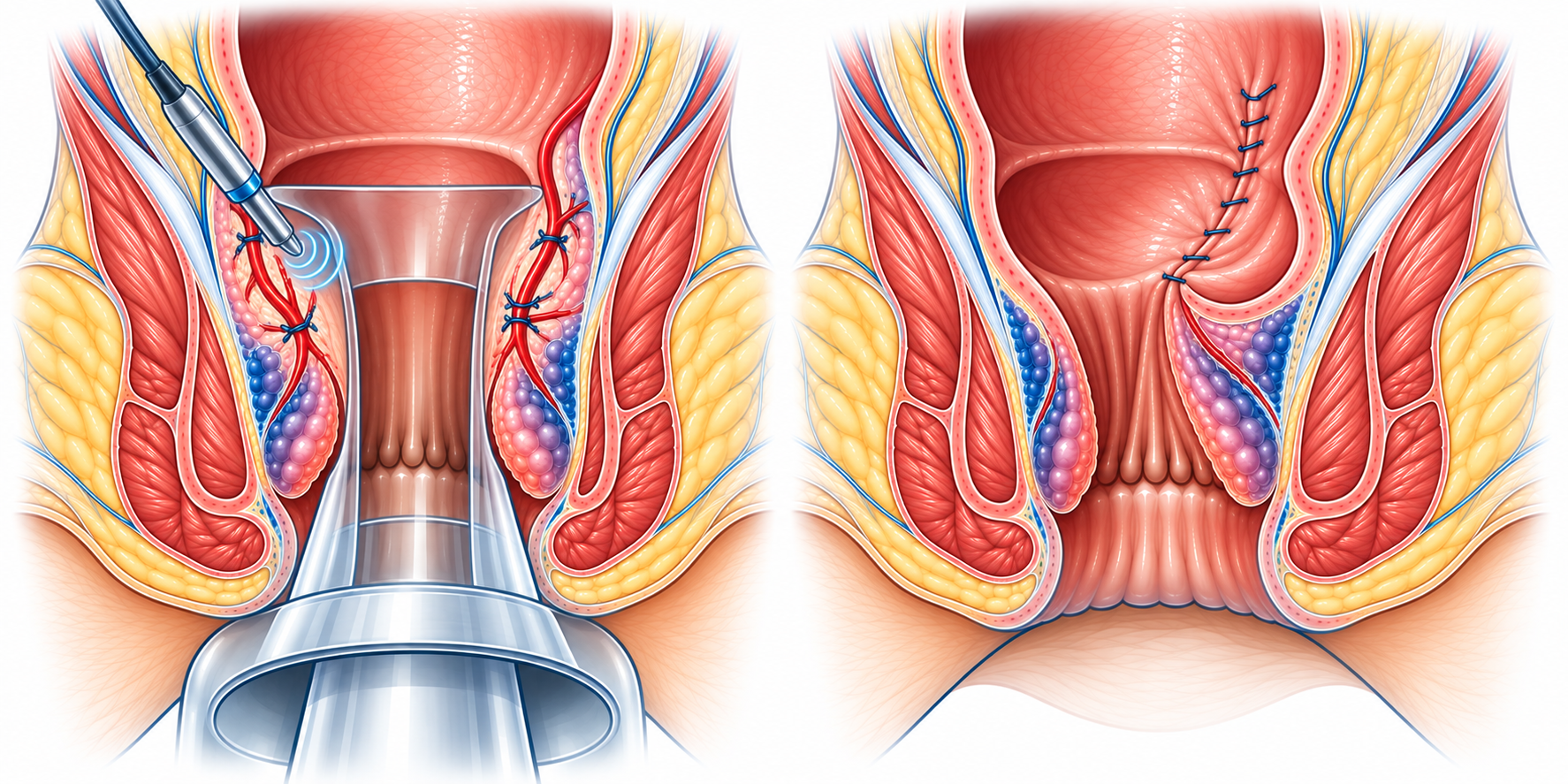 Illustration de la ligature des artères hémorroïdaires et de la mucopexie selon la technique HAL-RAR
