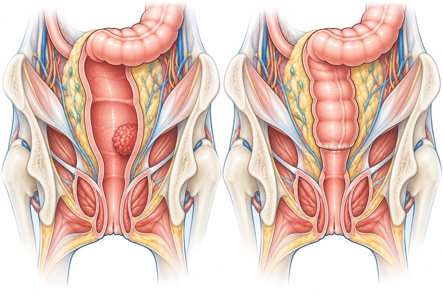 Cancer du rectum Illustration avant et après une résection rectale avec rétablissement de la continuité digestive
