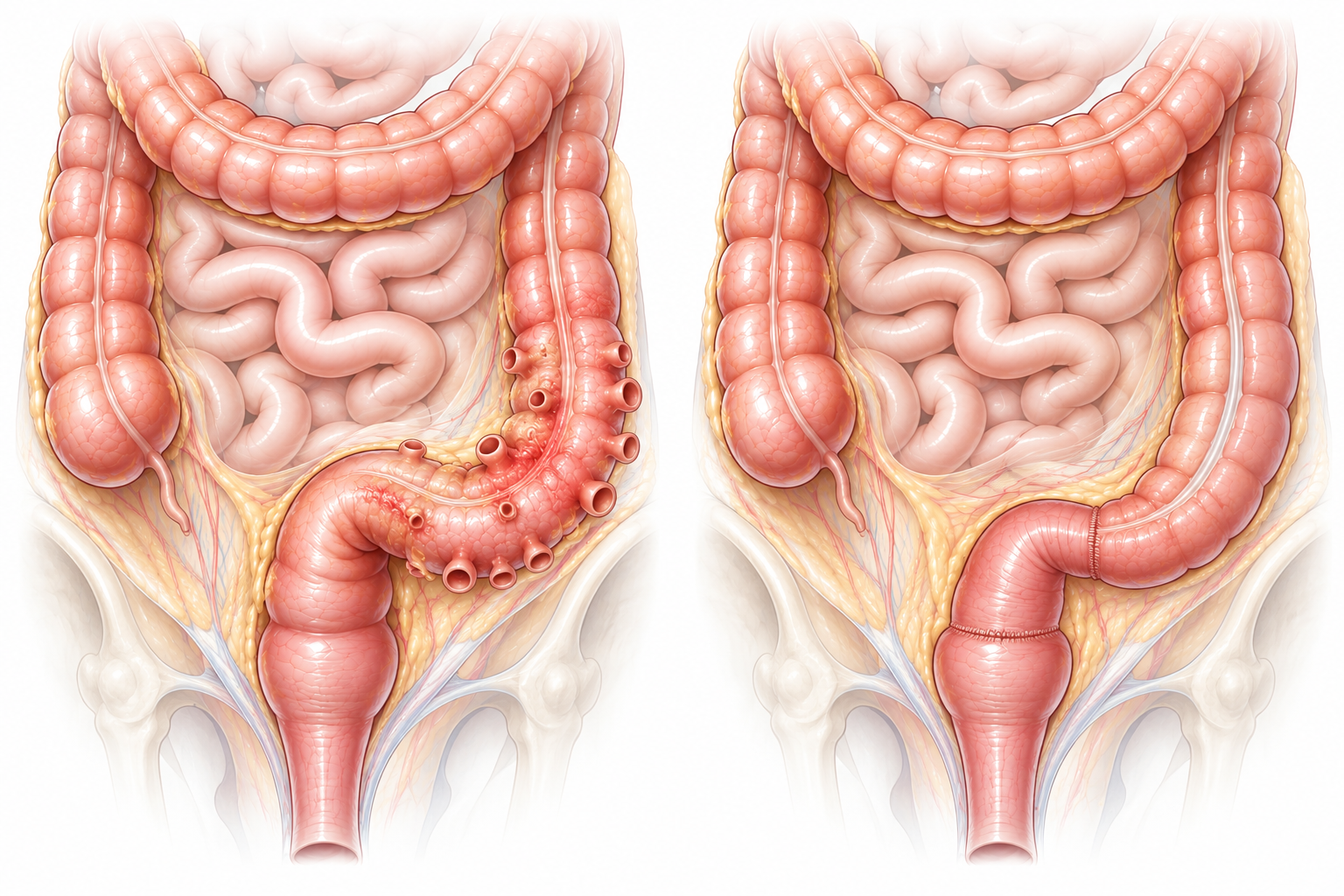 Anatomical illustration before and after a sigmoidectomy for diverticular disease