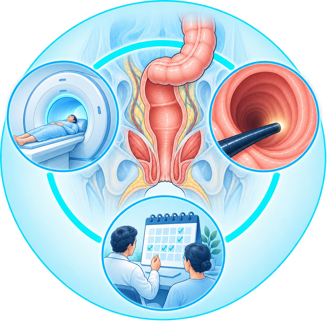 Cancer du rectum Illustration de la surveillance intensive pouvant être proposée après réponse clinique complète d