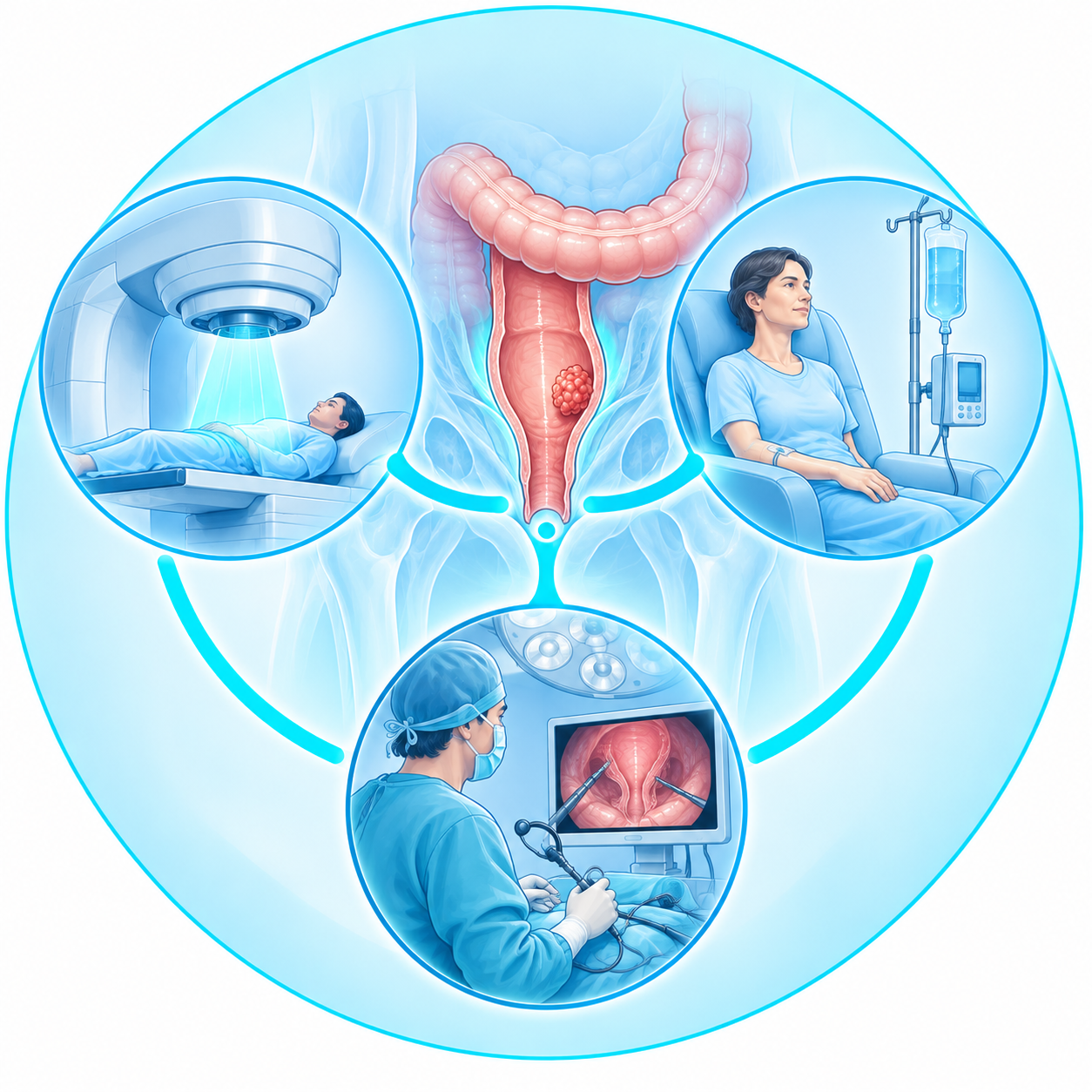 Cancer du rectum Illustration des différentes modalités pouvant être associées dans le traitement du cancer du rectum